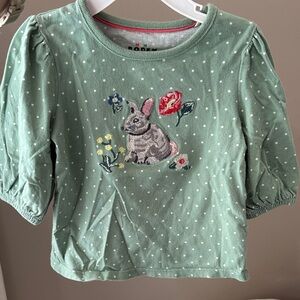 Mini Boden Green Polka Dot quarter Sleeve Tee with embroidered Bunny and Flowers